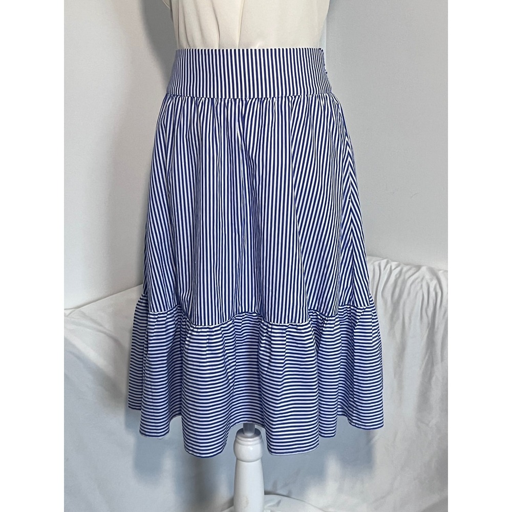 J.Crew Striped Ruffle Midi Skirt Womens Size 4 Blue White Coastal Preppy